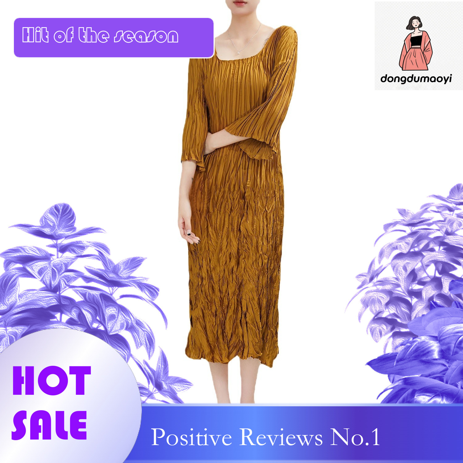 dongdumaoyi Miyake s new black slimming dress with a pleated design and temperament short sleeved plus size medium long skirt