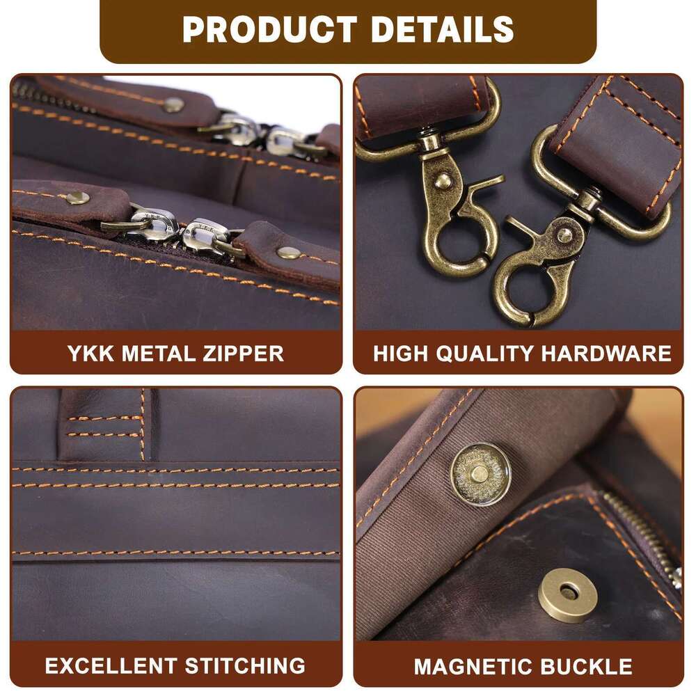 Men's Vintage Genuine Leather Briefcase 17" Laptop Bag, Messenger Bags Work Business Crazy Horse Cowhide Handbag For