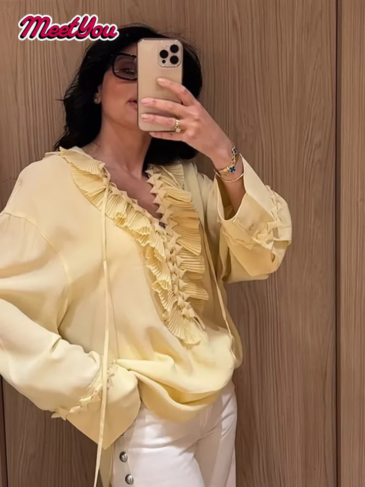 Ruffles Full Sleeve Chiffon Solid Shirt Women Casual Loose V Neck Yellow High Street Blouses 2025 Spring Summer Holiday Tops 250513