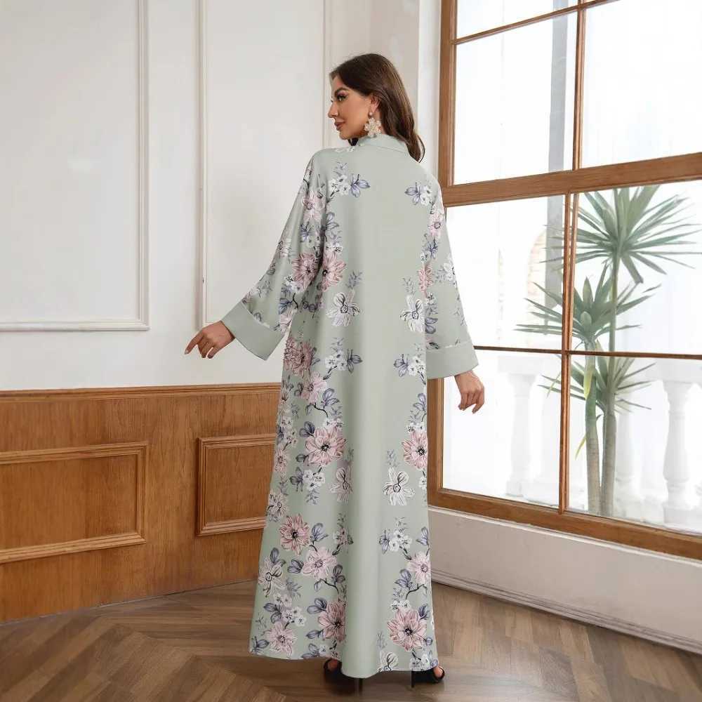 New Long-Slves Loose Dress Middle East Saudi Muslim Womens Long Robe Floral Print Beaded Arabic Dress Abaya X250514