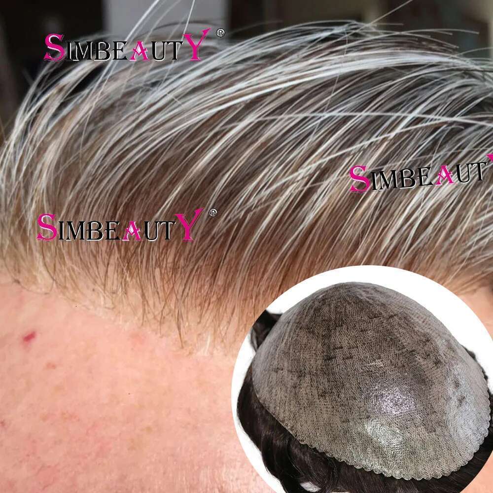 100% Human Poly Skin Scalloped Natural Hairline Brown Men's Toupee for Fashion Gray 1B40 Hair Prosthesis Replacement System