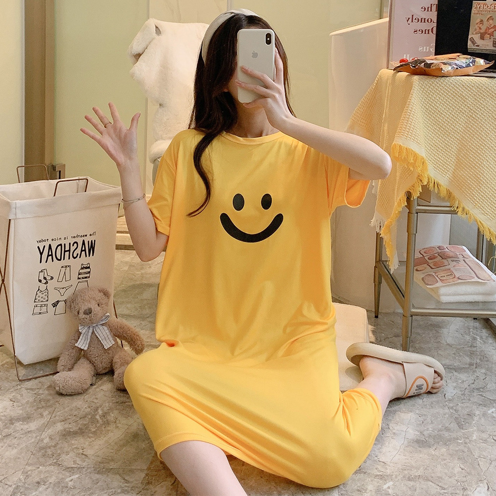 XX2255 Women's summer short-sleeved long popular cartoon cute simple smiley face can be worn outside large size pajamas