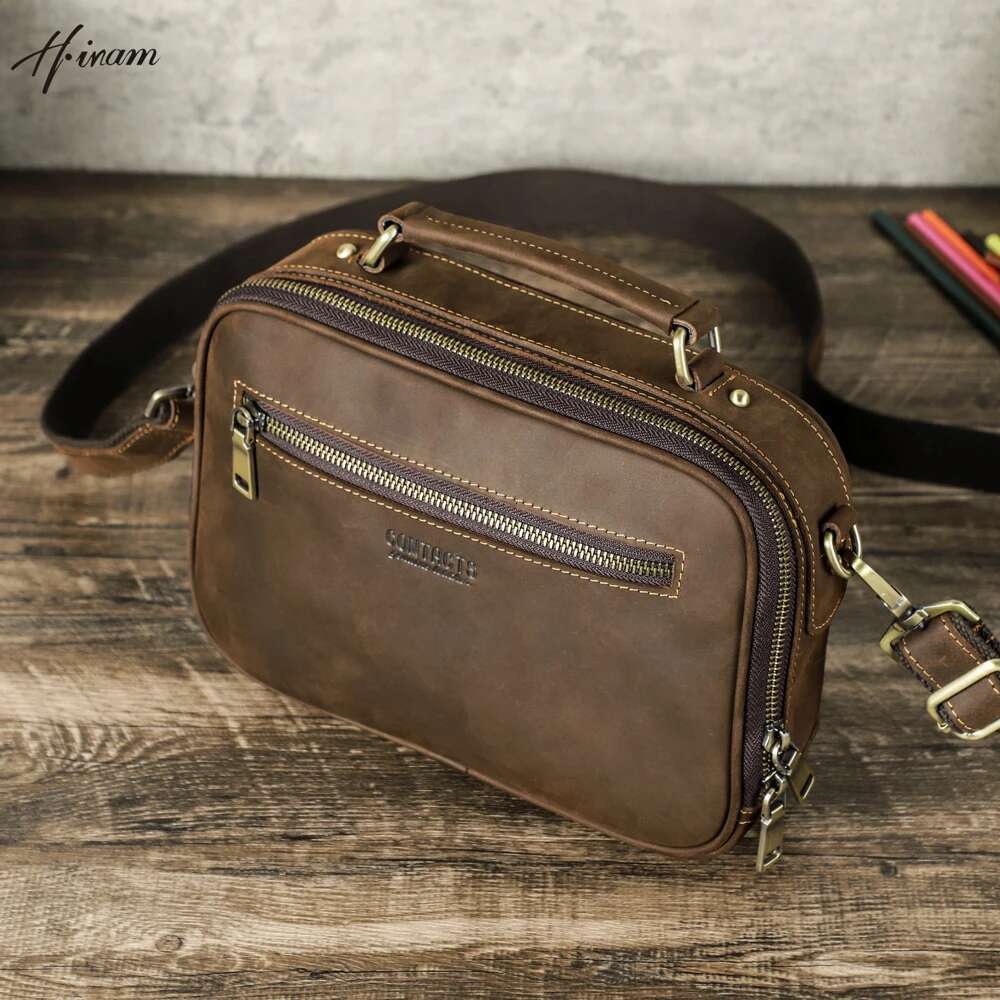 Vintage Crazy Horse Leather Male Middle Shoulder Crossbody Travel Package For Ipad Mini Notebook Retro Business Bag For Men