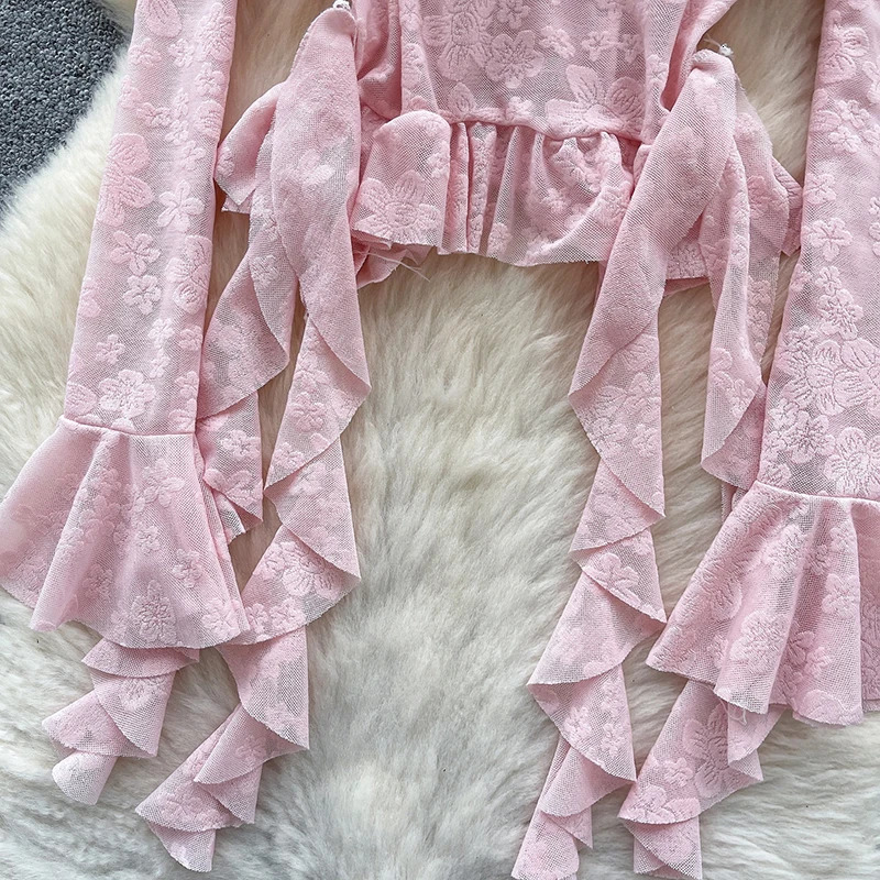 HELIAR Women Off Shoulder Sexy Blouse Female Long Flare Sleeves Ruffles Beach Shirt Summer Irregular Floral sweet Tops 250514