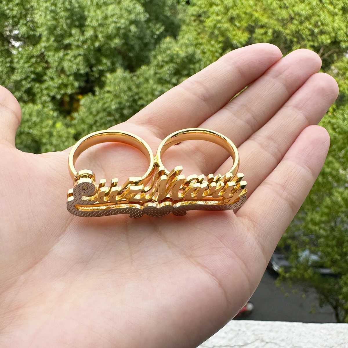 Custom Name Ring Stainl Steel Double Finger Ring Personalized 3D Double Layer Nameplate Womens Ring Jewelry Anniversary GiftXJ250514