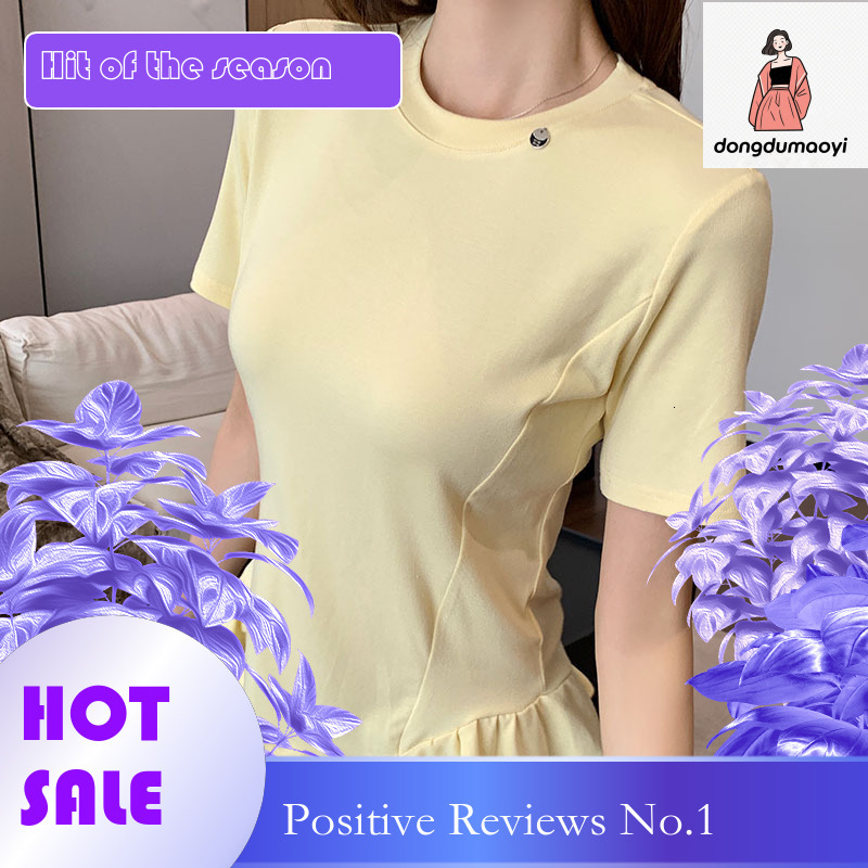 dongdumaoyi Round neck shoulder short T-shirt for women 2025 new summer outfit Korean version gentle wind lotus leaf edge half sleeved slim fit top