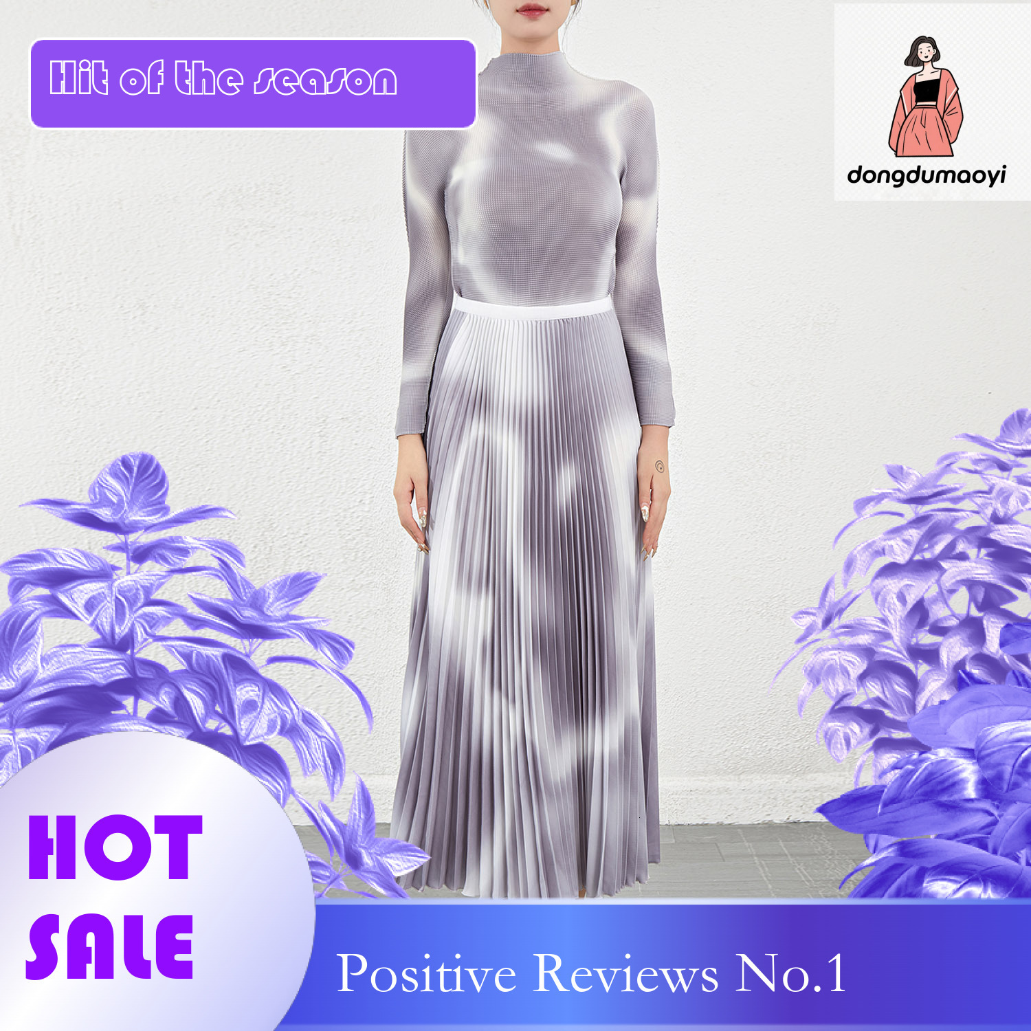 dongdumaoyi Miyake printed semi high neck T-shirt for women's autumn outfit, high-end and fashionable half skirt base two-piece set