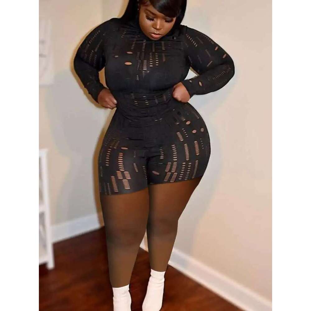LW Plus Size Shorts Set Pierced Stretchy Sexy Women Casual O Neck Sheath Summer Vestidos Matching Outfits