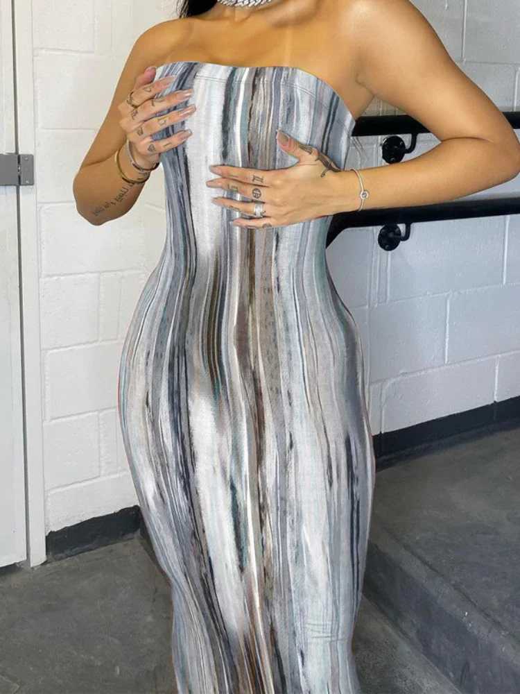 Sexy Boho Style Colorful Striped Tie-dyed Long Maxi Dress Women Strapless Sleeveless Bodycon Dress Elegant Club Party DressesXJ250514