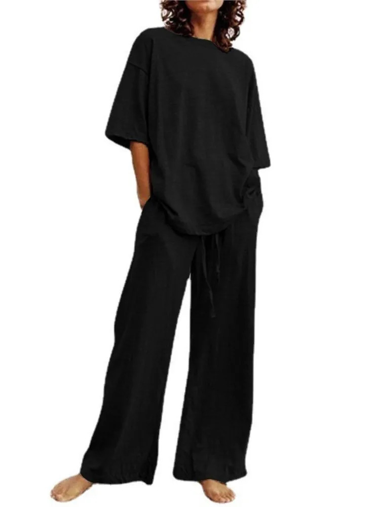 Summer Fashion Womens Two Piece Casual Belt Pocket Set Half Sleeve O-Neck Top And Strap Wide Leg Pants Set 250513