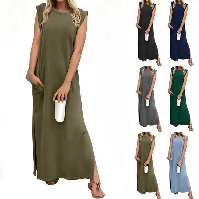 Summer New Loose Long Pocket Hem Split Dress Womens Cross-Border Fashion Sleeveless Dress Origin China Other PatternsXJ250514