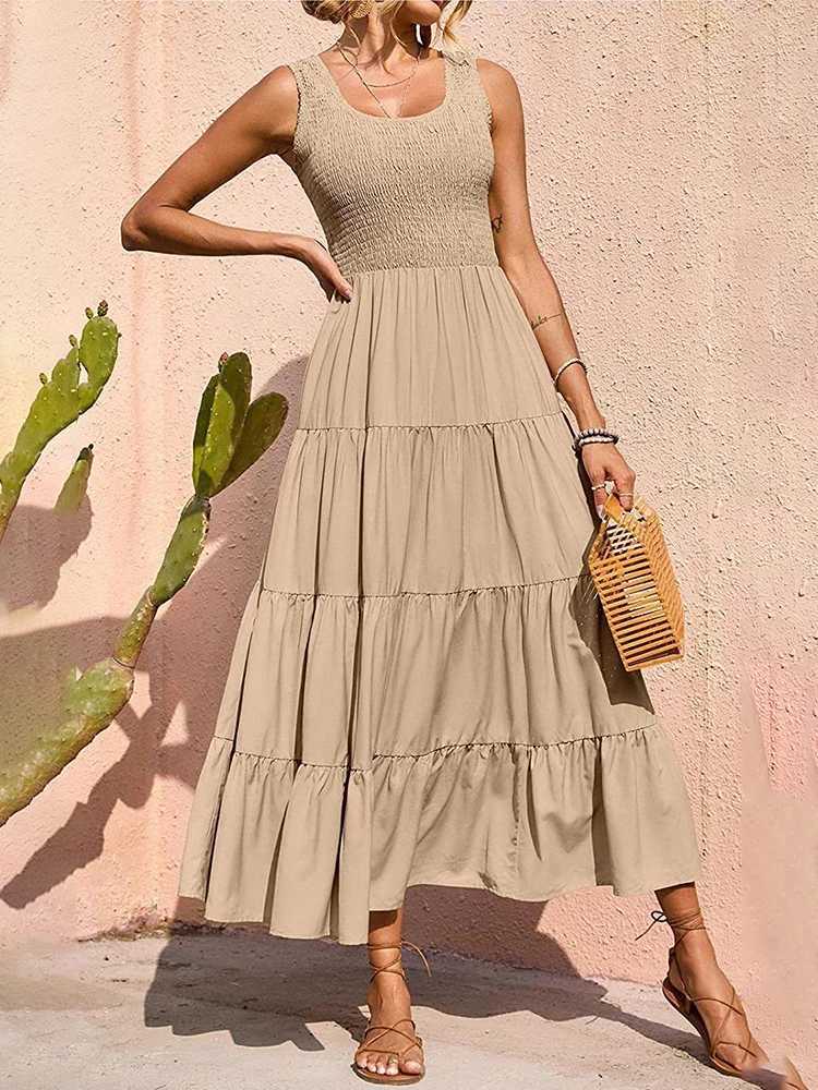 Dresses For Women 2024 Summer Sexy Elegant Sleeveless Floral Solid Color Long Dress Fashion Elastic Waist Beach Party Big SwingXJ250514