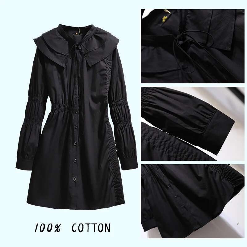 Plus size women's spring and autumn casual dress black cotton fabric comfortable breathable lace decoration cardigan skirt