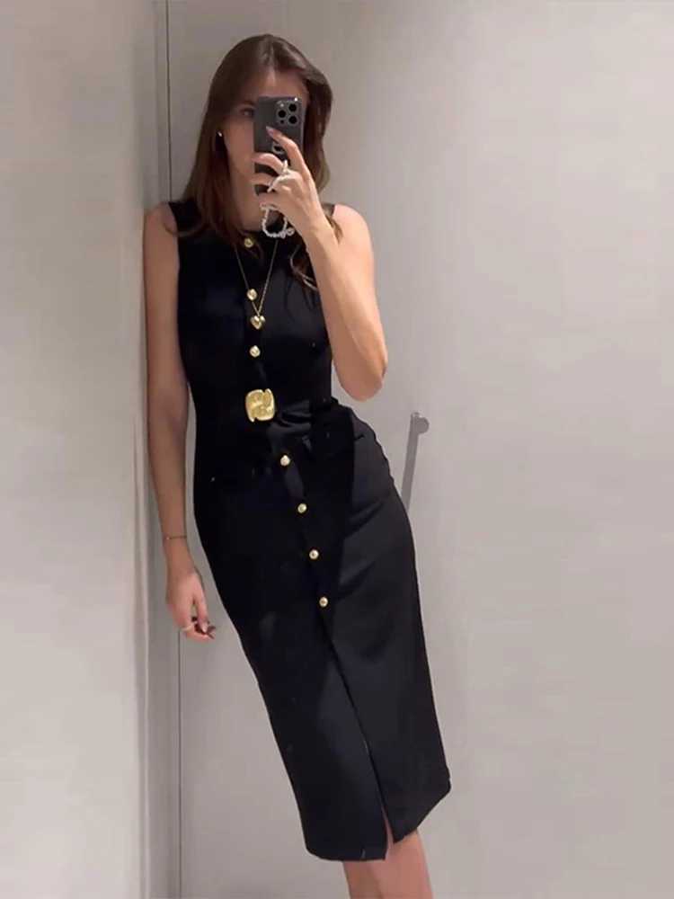 Black Elegant Long Dress With Belt Women Slim Single Breasted Front Split Sleeveless Female Dresses 2025 Summer Lady DressXJ250514