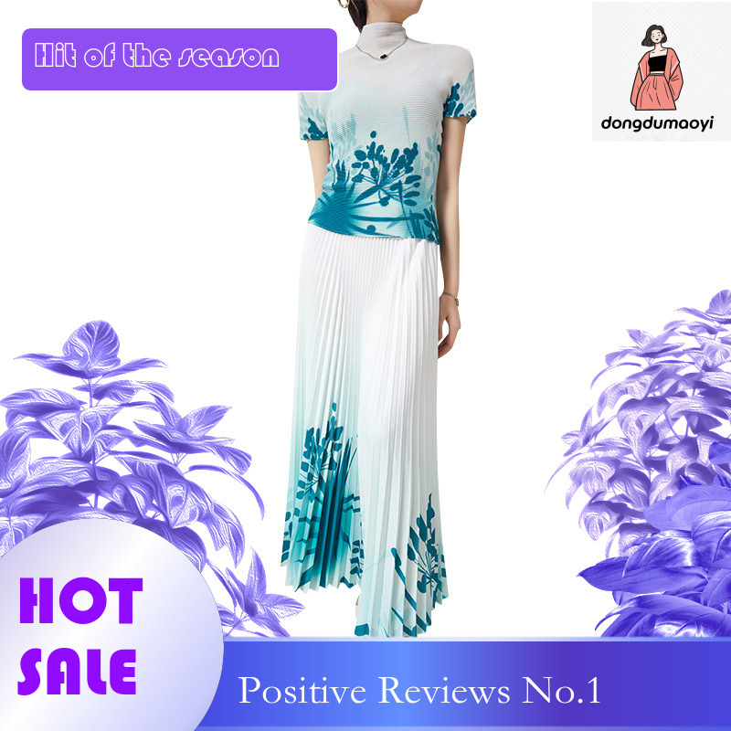 dongdumaoyi Summer new fashion women's pleated two-piece set, temperament printed T-shirt top, slimming A-line skirt, trendy
