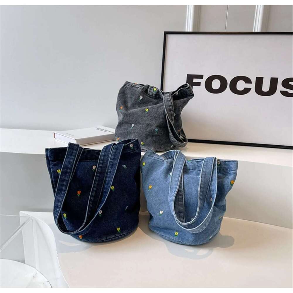 Bucket Embroidered Denim Summer Large Capacity Tote In All-Match Shoulder Ladies Carrng Portable Shopping Bag New