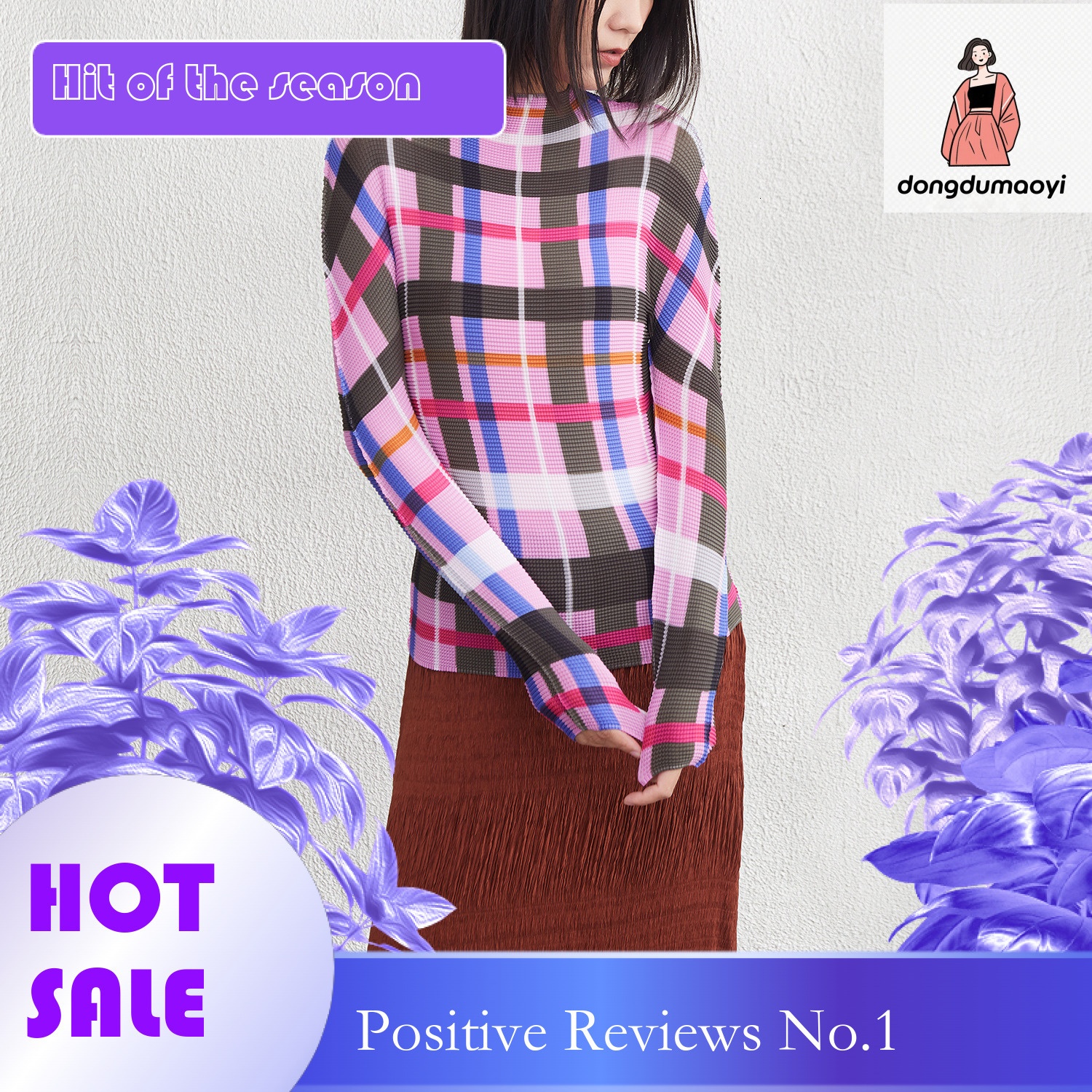dongdumaoyi Miyake printed striped base shirt women's autumn and winter new style high-end long sleeved pullover for commuting T-shirt top