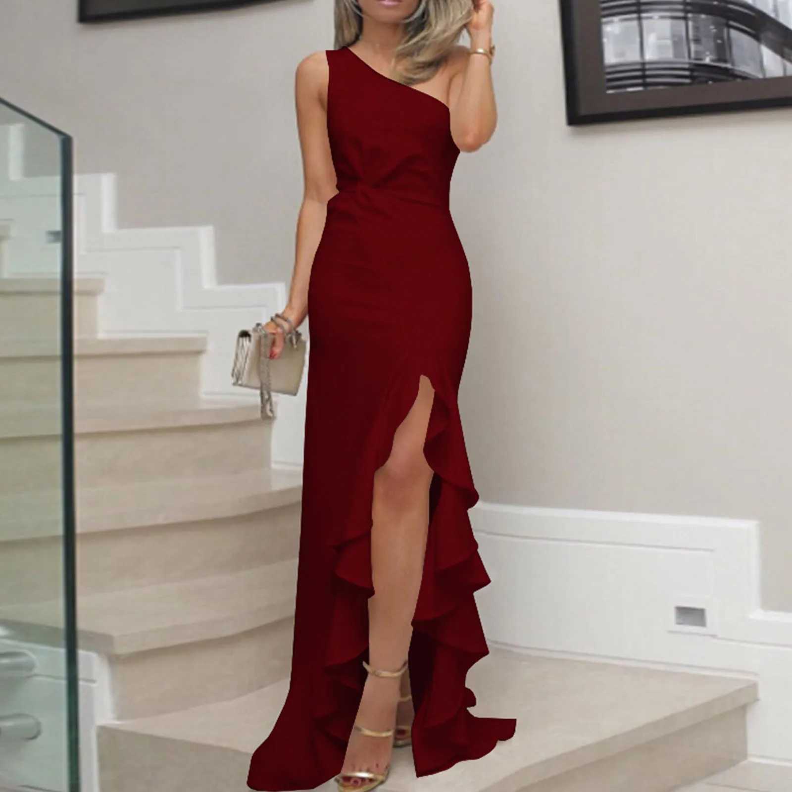 2024 New Womens White Graduation Prom Dress Sexy Irregular Ruffles Slit Long Party Dresses Ladies Sleeveless Evening Midi RobesXJ250514