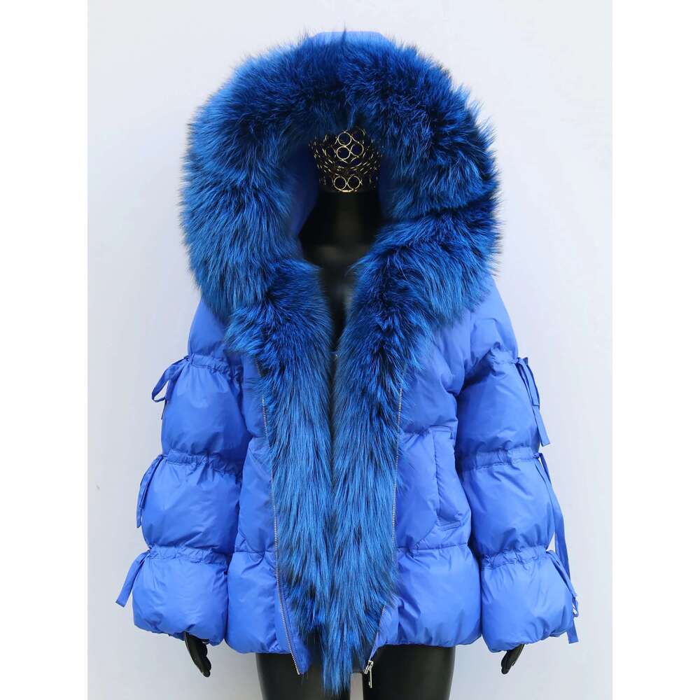 Women's Winter Duck Jacket Genuine Fox Fur Hooded Down Coat Bread Outerwear Fashion Elegant Lantern Bow Sleeve