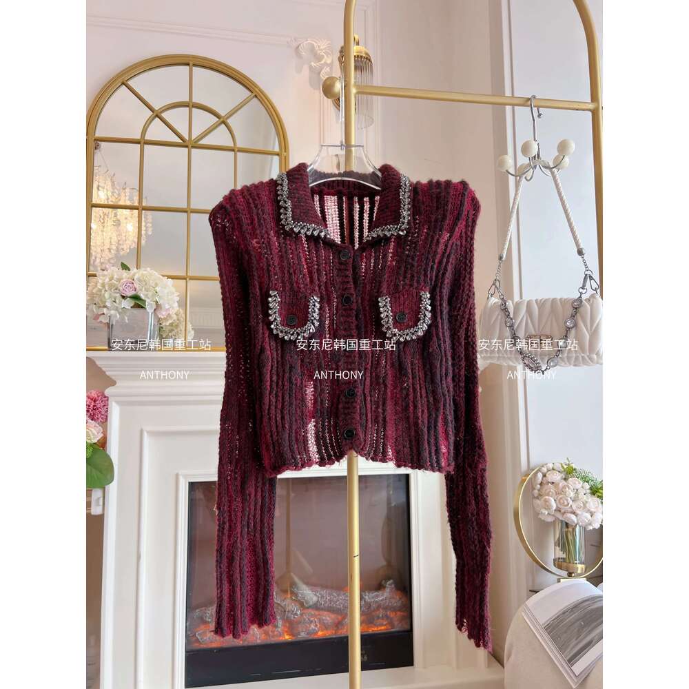 Retro Red Dia Knitted Cardigan Women Autumn Rhinestone Lapel Long Sleeve Hollow Out Short Sweater Temperament