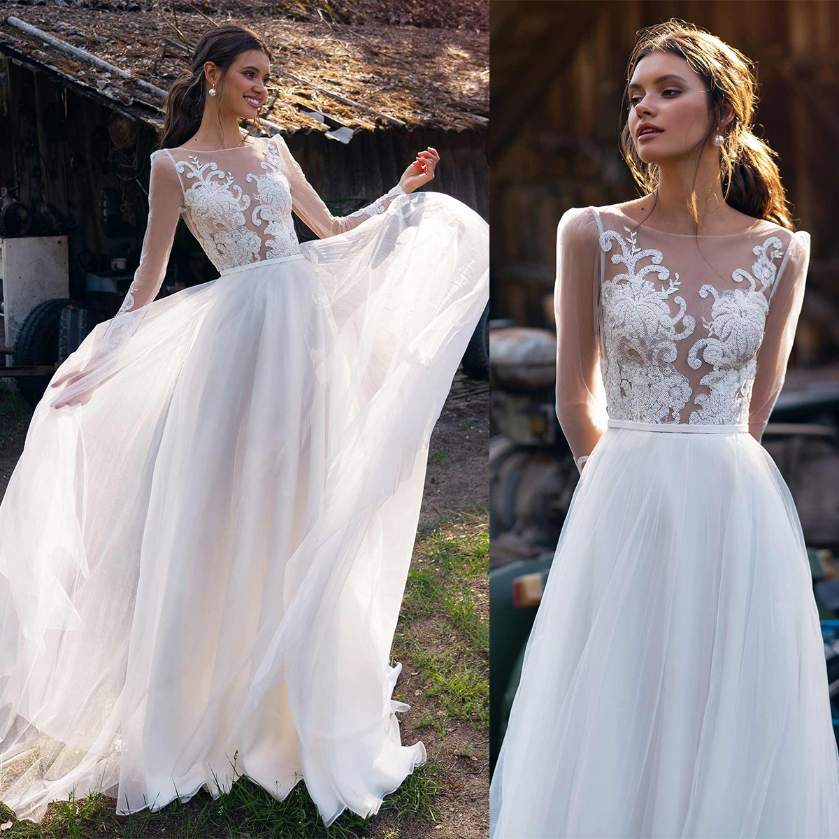 Luxury A Line Wedding Dresses Long Sleeves Appliques Lace Bridal Gowns Custom Made Backless Sweep Train Robes