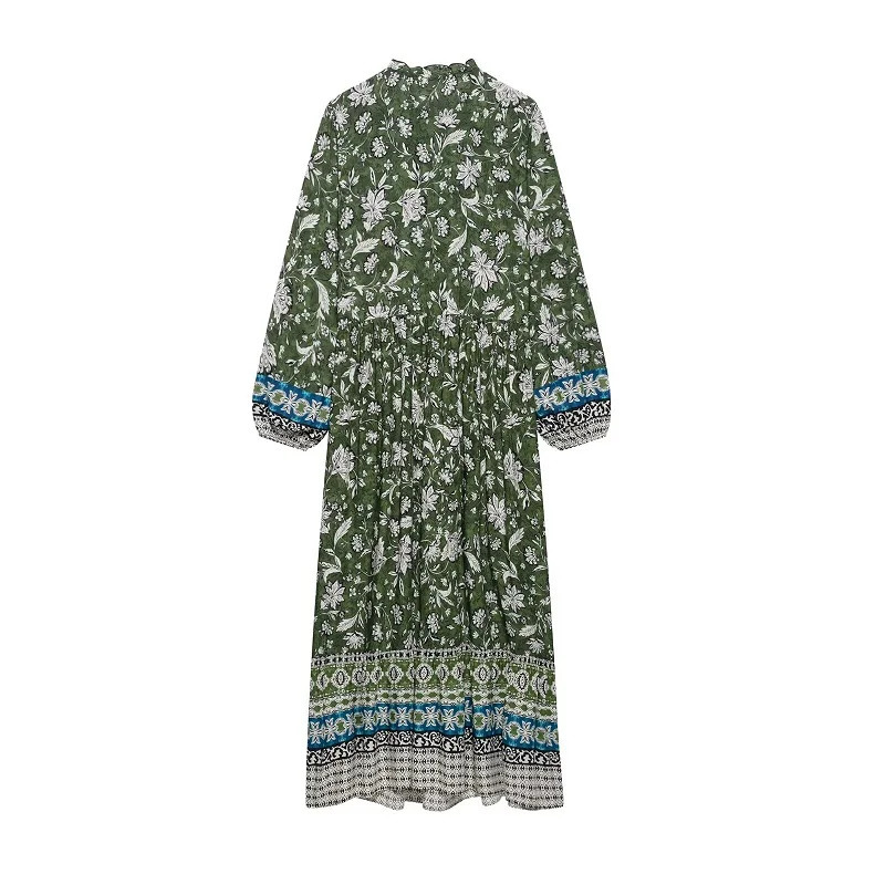 TRAF Print Ruffle Midi Dress Woman Pleated Long Dresses for Women Beach Summer Puff Sleeve Boho Womens 250514