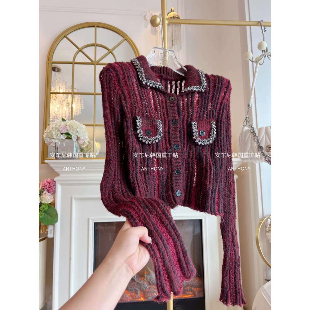 Retro Red Dia Knitted Cardigan Women Autumn Rhinestone Lapel Long Sleeve Hollow Out Short Sweater Temperament