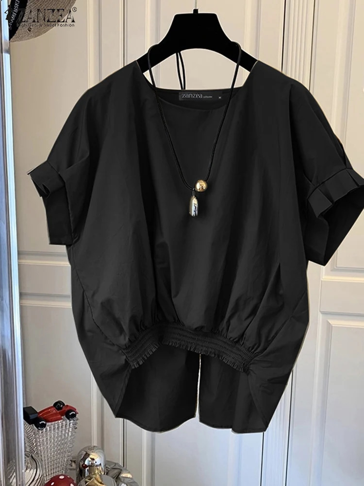 ZANZEA Women Fashion Shirring Hem Blouses Summer O Neck Short Sleeve Casual Blusas Mujer Stylish Slit Back Solid Shirt Tops 250514