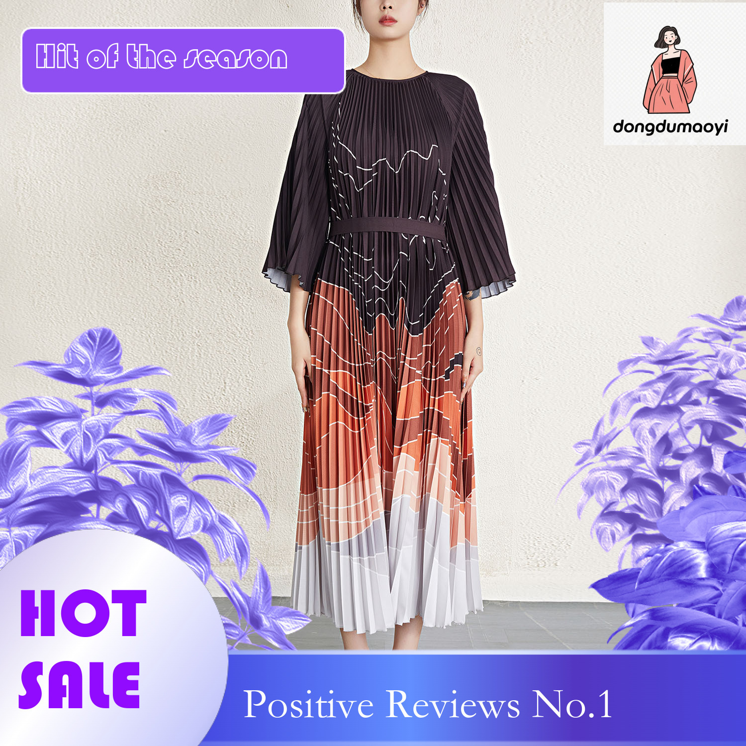 dongdumaoyi Women s skirt plus size loose printed accordion pleated three bedroom long sleeved dress for women