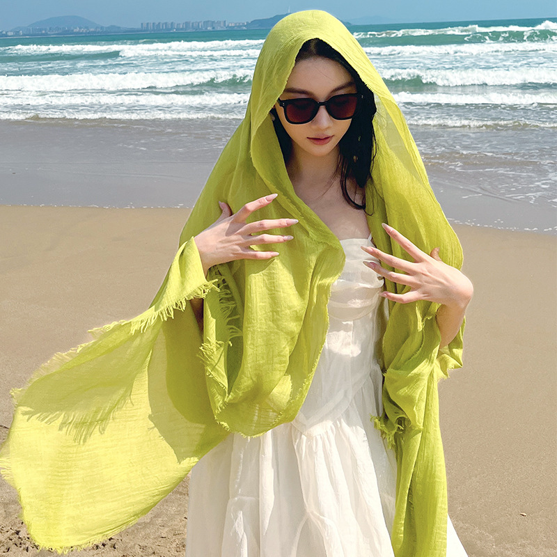 K712 2025 Spring and Summer New Beach Shawl Solid Color Thin Scarf Travel Sunshade Korean Style Atmosphere Long Scarf Silk Scarf