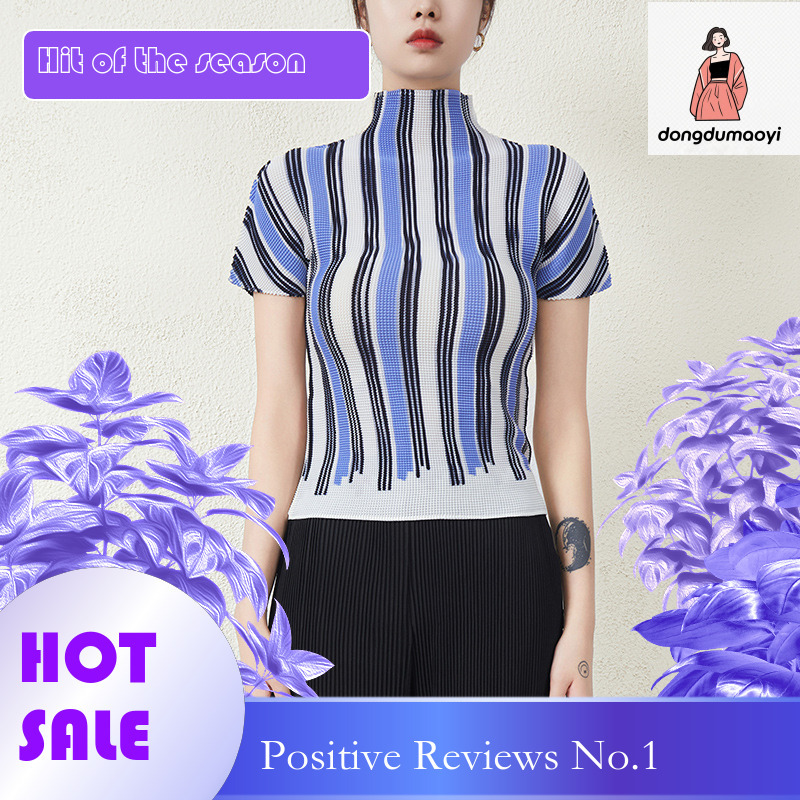 dongdumaoyi Wrinkled top women's 2024 summer new semi high neck slim fit and slimming chiffon versatile niche short sleeved T-shirt
