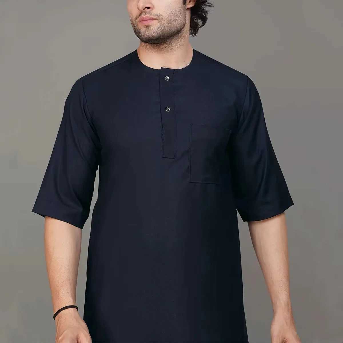 High end Moroccan style mens robe retro dignified solid color robe standing collar short sleeved Muslim daily mens robe X250514