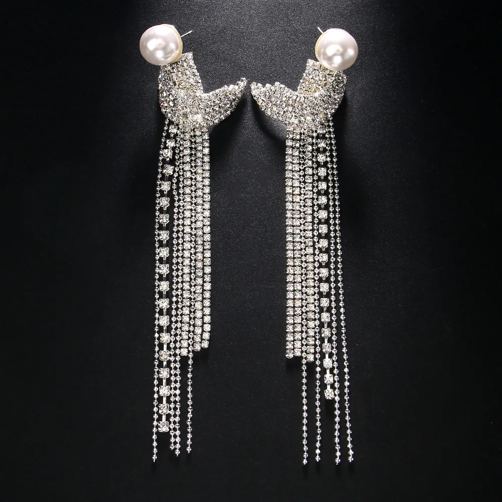 Elegant Long Tassel Rhinestone Drop Earrings Piercing Bridal Gift Square Pearl Geometric Dangle Earrings Wedding Jewelry 250513