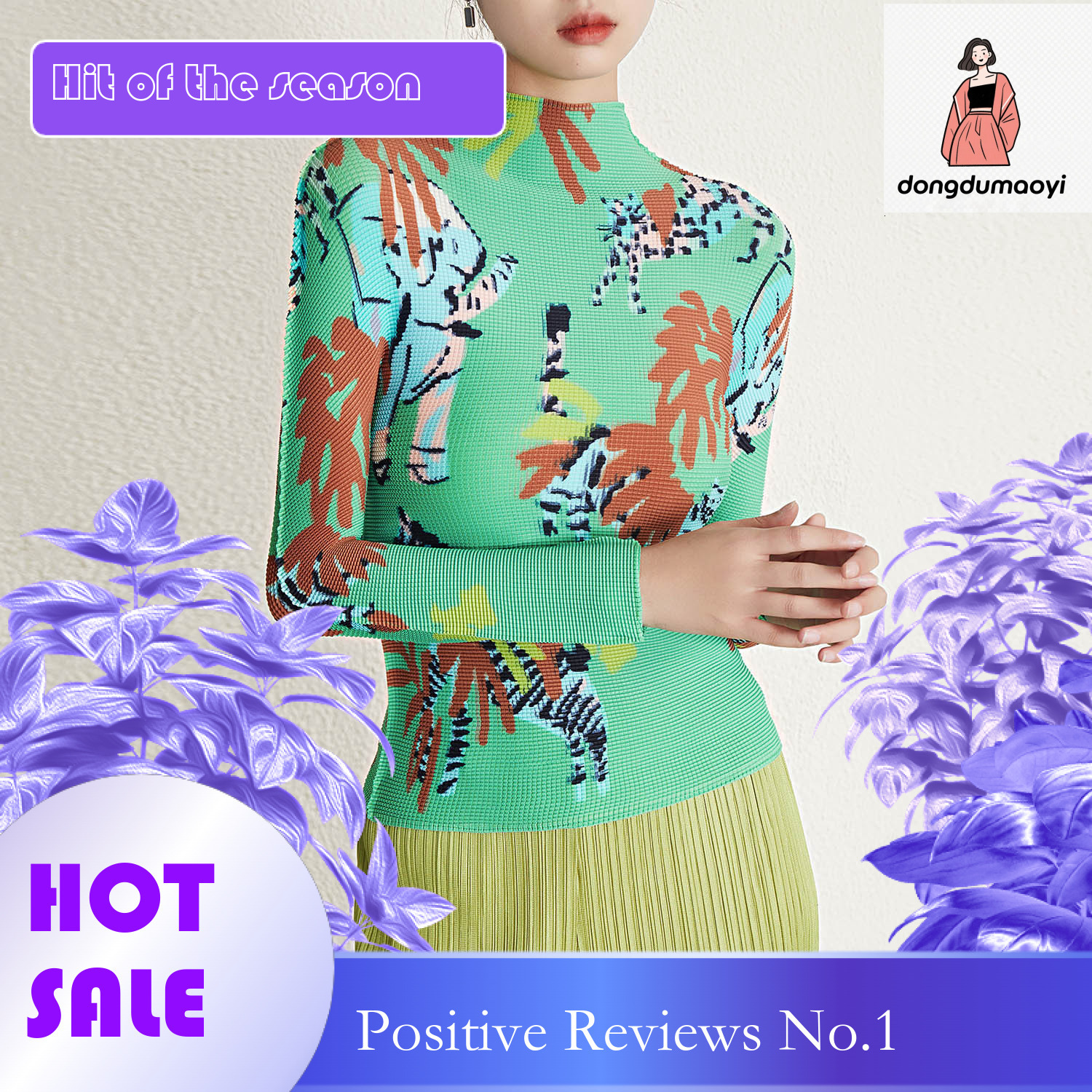 dongdumaoyi Wrinkled semi high neck long sleeved top for spring, new basic graffiti print style, elastic oversized slim fit T-shirt