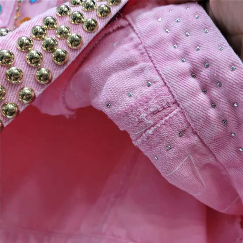 Women Rainbow Dias Beaded Pink Denim Coat Loose Rhinestones Jeans Jacket Long Sleeve Crystal Cowboy Cardigan Rivets Tops