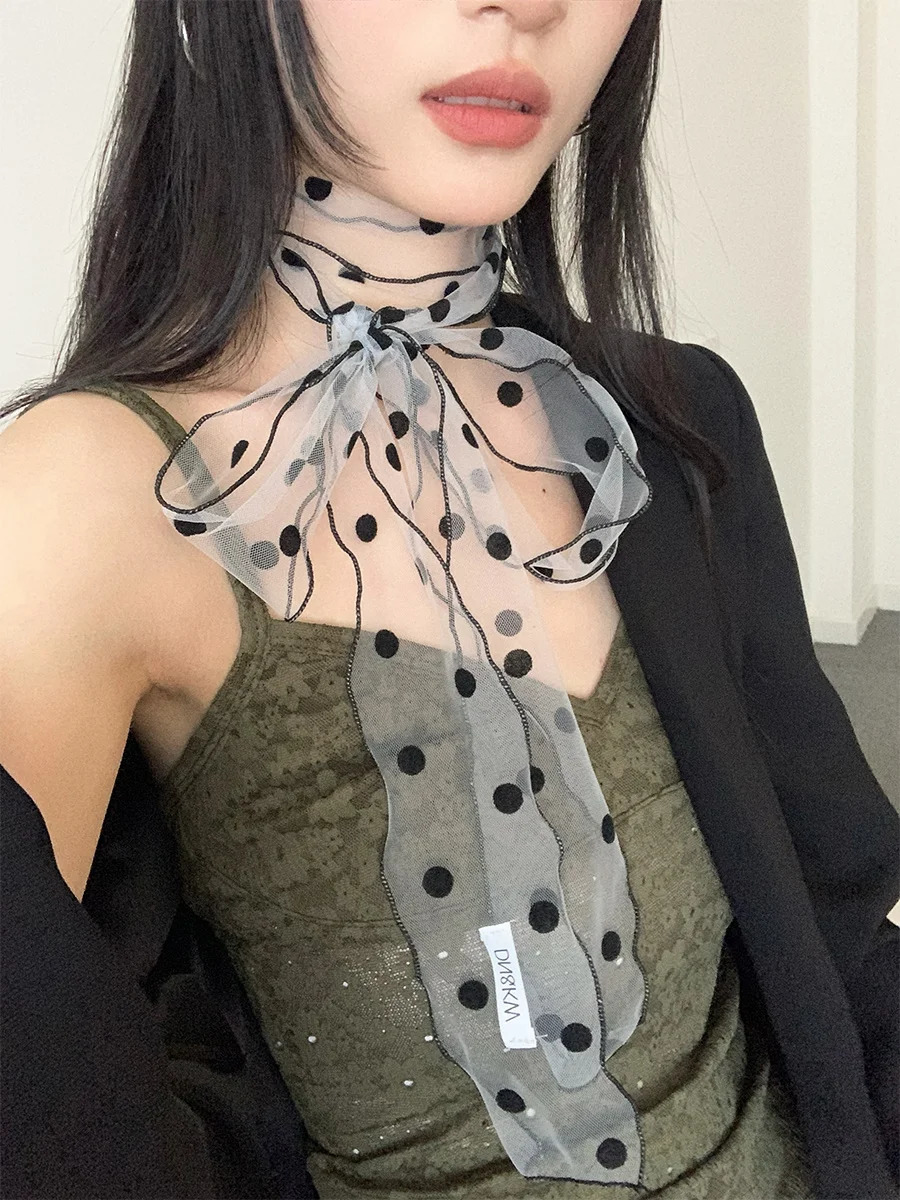 Fashionable Lace Mesh Polka Dot Scarf For Women Summer 2025 Lightweight Sweet Versatile Neck Accessory With Ribbon 250514