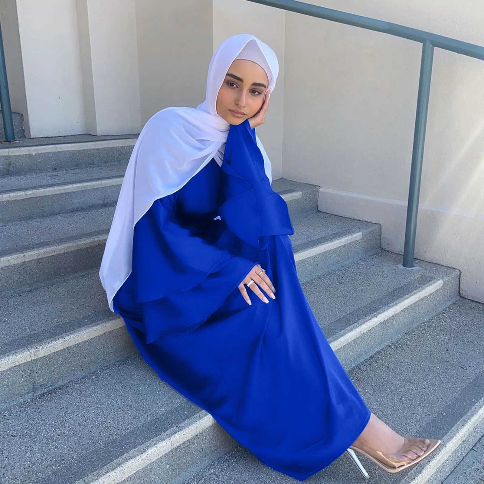 Solid Color Muslim Womens Maxi Dress O-Neck Satin Soft Summer Dresses For Women With Long Slve Elegant Dress For Women Summer X250514