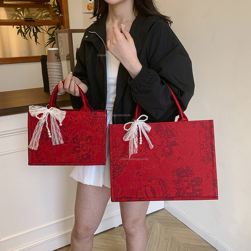Chinese Style 2025 Free Shipping Designer Women's Bag Lace Printed Bridal Wedding Handbag Gift Large Capacity Commuter 3D Shopping Bag