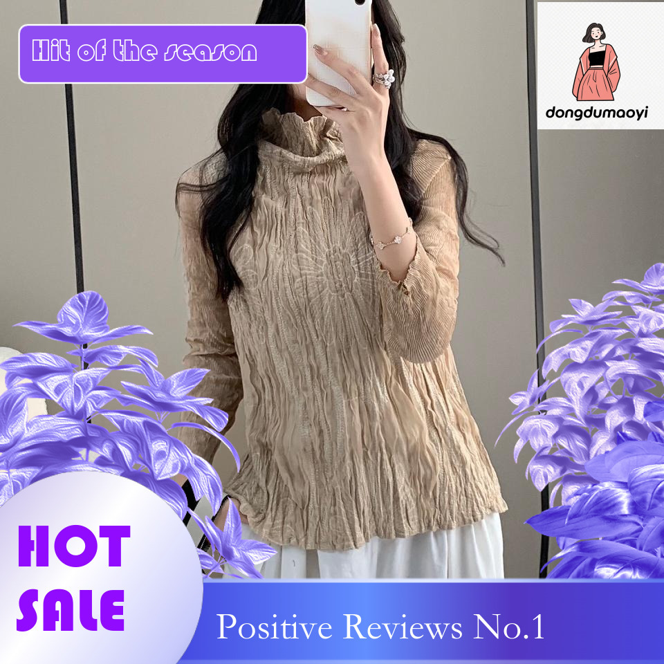 dongdumaoyi Frech high-ed embroidered base shirt, Miyake autum ad witer plus size wome's clothig, coverig the belly to show off weight, pleated T