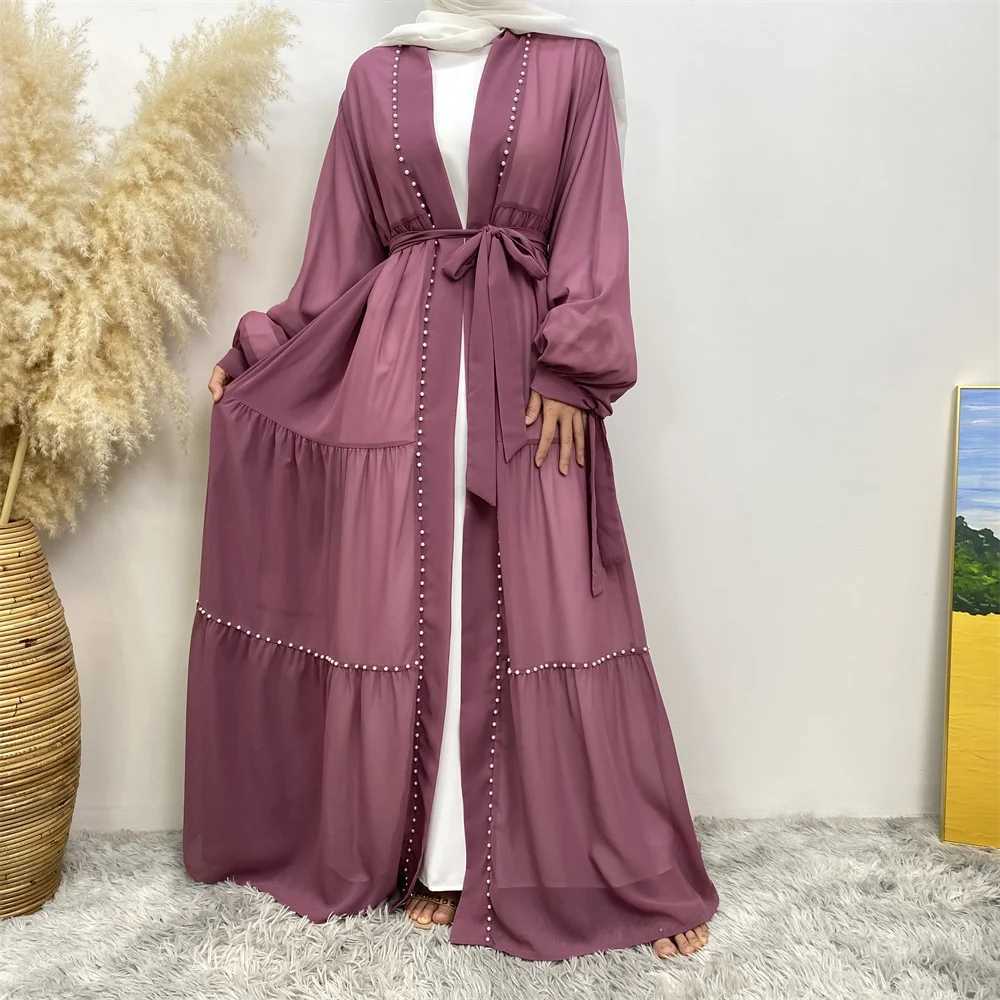 New Modest Abaya Muslim Women Fashion Elegant Net Color Beaded Muslim lace-up chiffon Cardigan Robe Middle East Turkey Arab Rama X250514