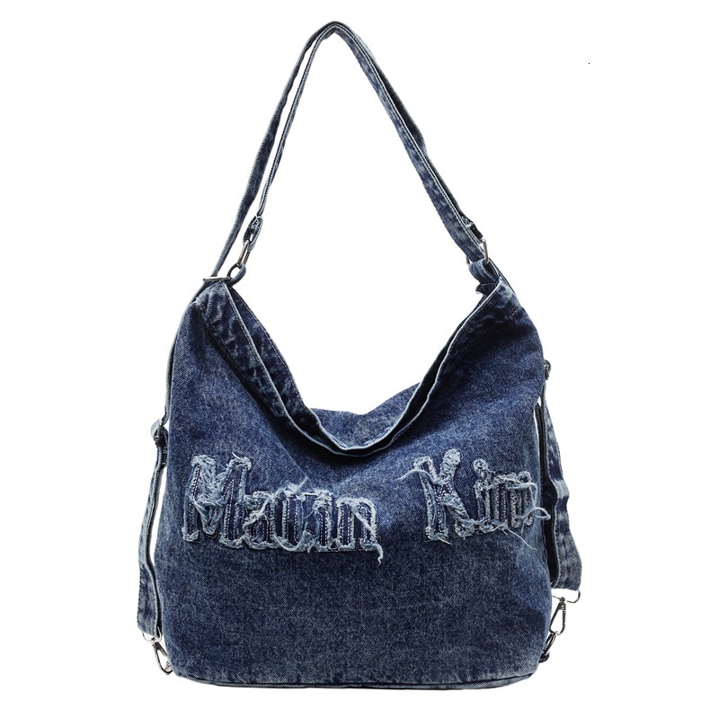 2025 spring/summer new niche design, fringed letter washed denim tote hand-held bill of lading shoulder bag, women's bag