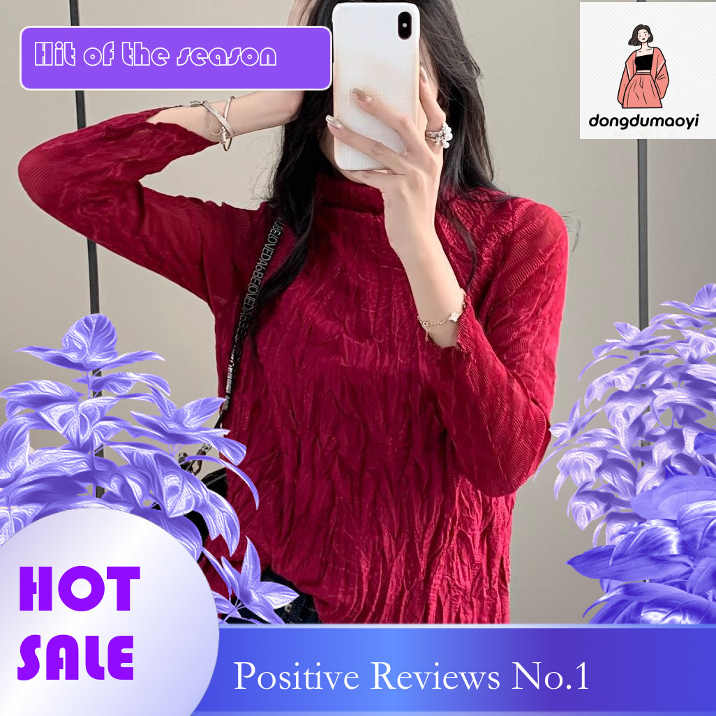 dongdumaoyi Frech high-ed embroidered base shirt, Miyake autum ad witer plus size wome's clothig, coverig the belly to show off weight, pleated T