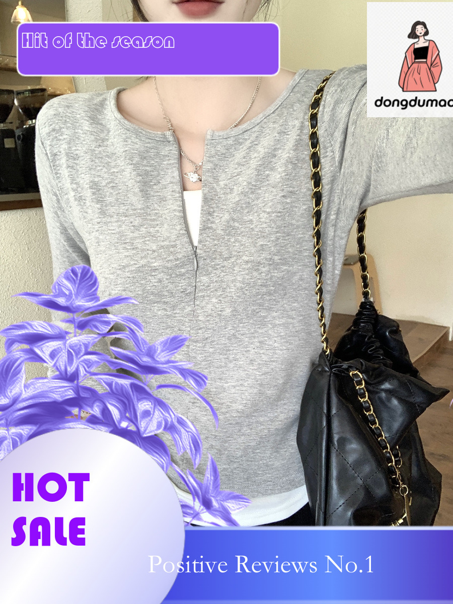 dongdumaoyi Zipper style fake two piece long sleeved T-shirt for women in the spring of 2025, slim fit and pleated inner layer bottom shirt, niche top