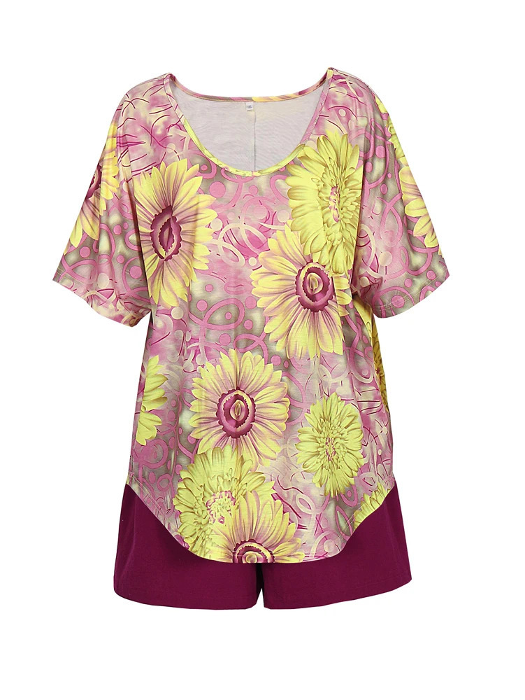 Plus Size 2025 Womens Elastic Waist Printed Pattern Vneck Casual Loose Two Piece Set Summer 250427