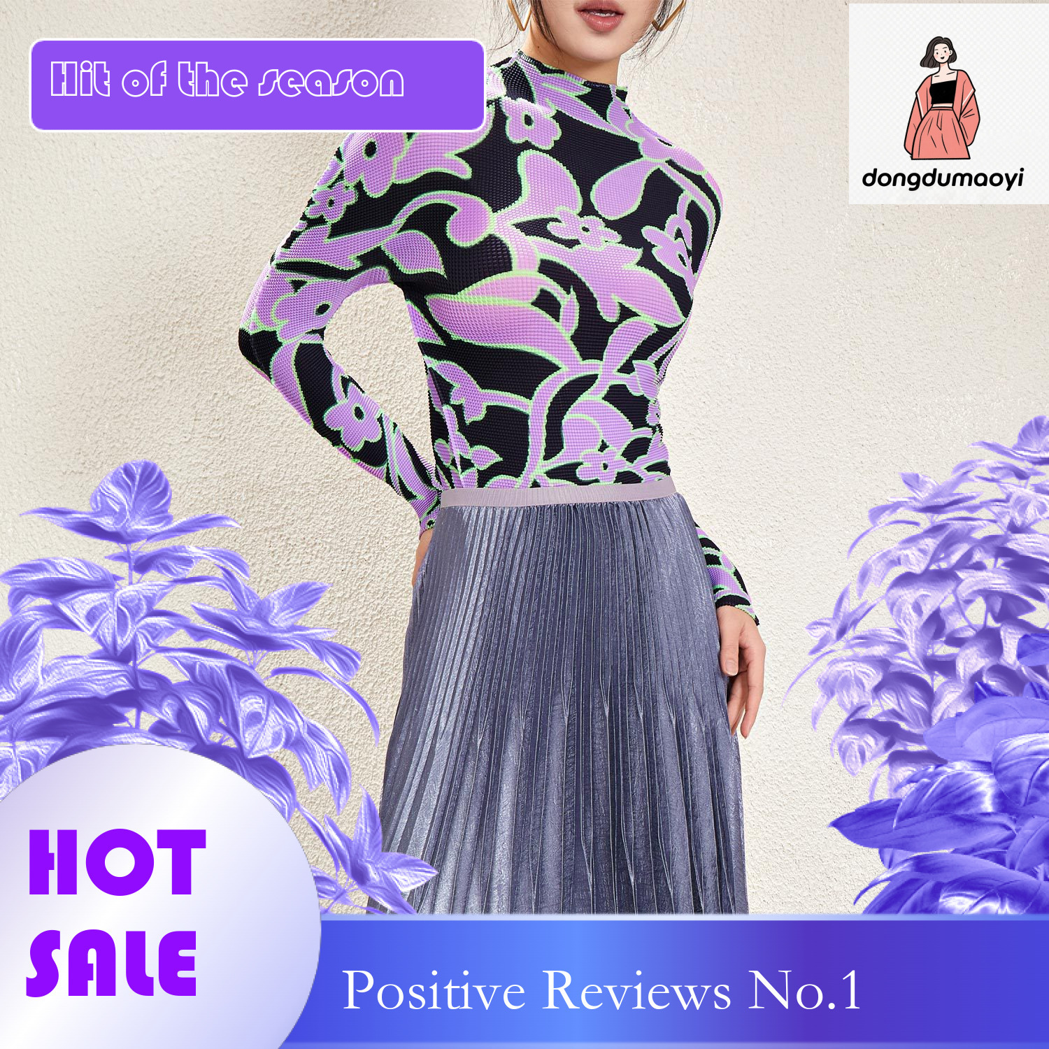 dongdumaoyi Elastic slim fit slimming long sleeved pleated T-shirt base, new Miyake semi high neck printed top for women