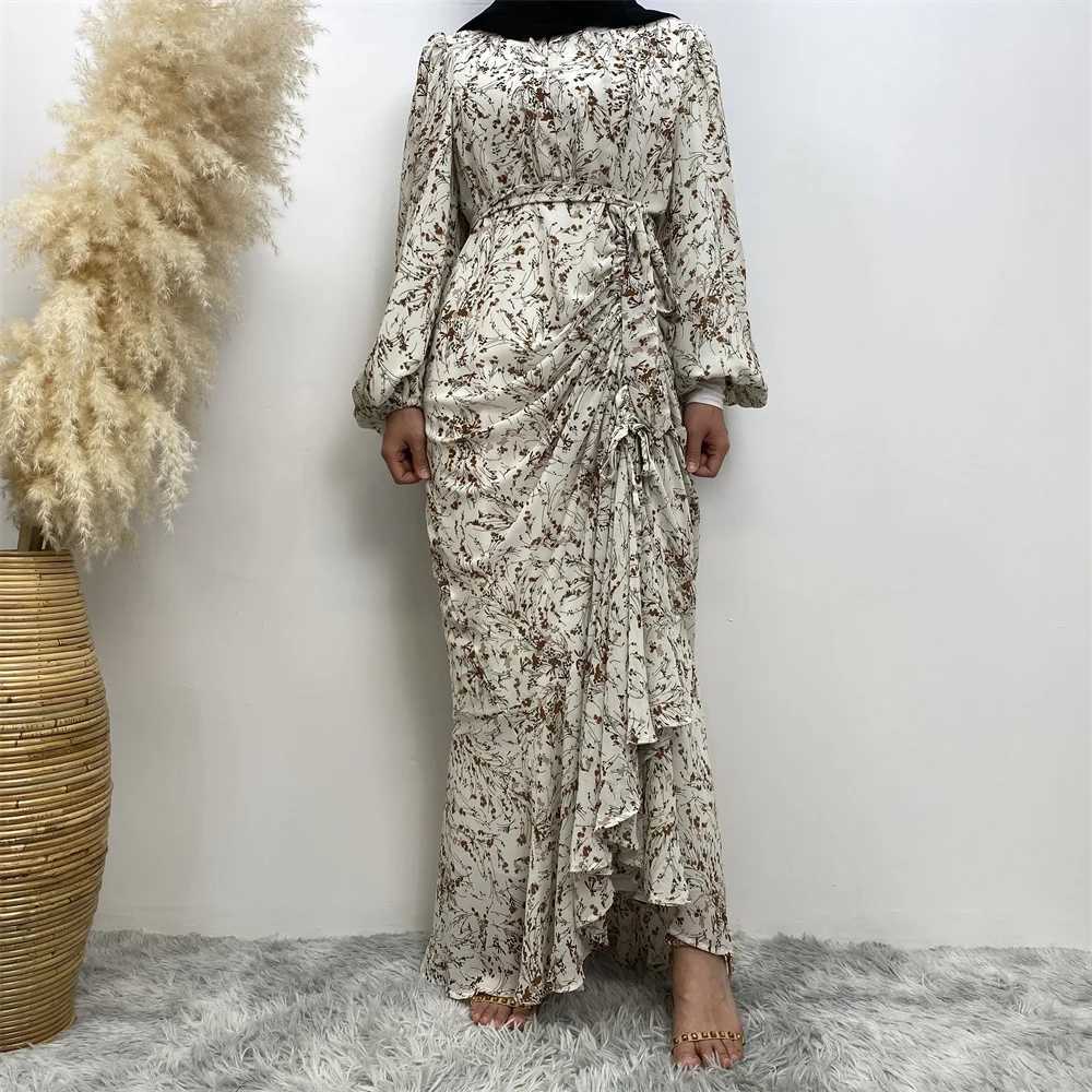 Muslim Womens dress Casual print bark crepe long dress Zipper collar long slves loose Muslim maxi dress X250514
