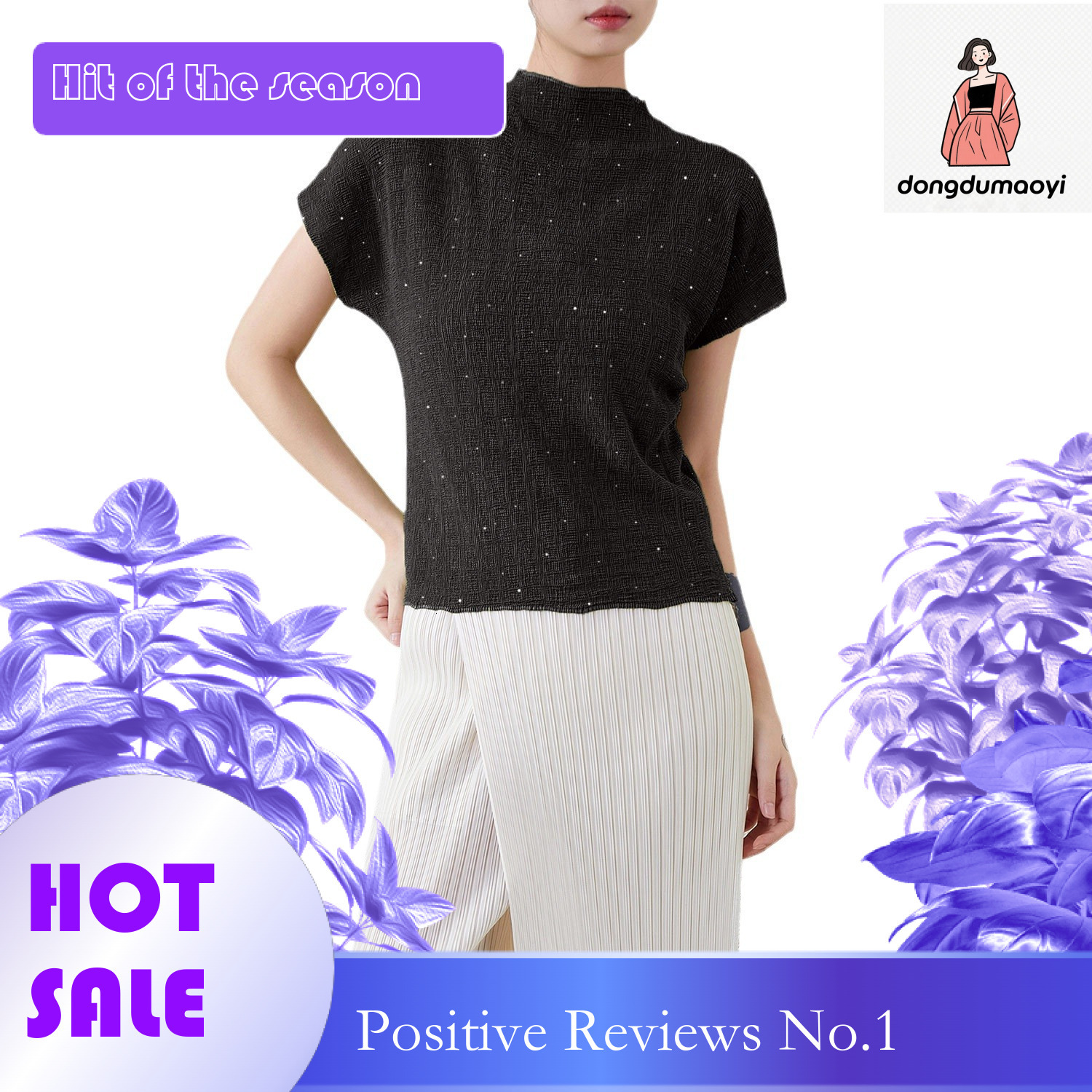 dongdumaoyi Starry fashion temperament, heavy industry hot stamping top, women's summer new versatile short sleeved half neck pleated T-shirt