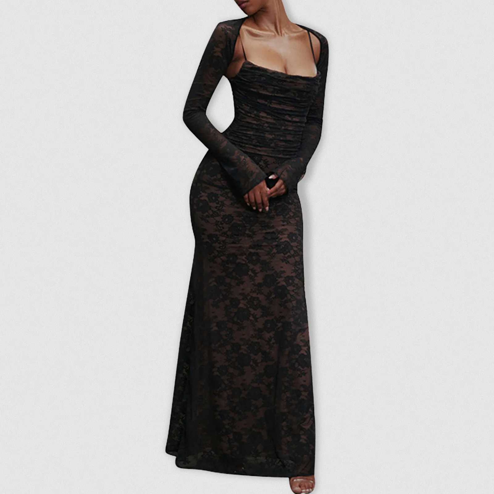 2pcs Elegant Lace See Through Maxi Dress Women Summer Sexy Spaghetti Straps Bodycon Wedding Party Dresses 2025 Split Long DressXJ250514