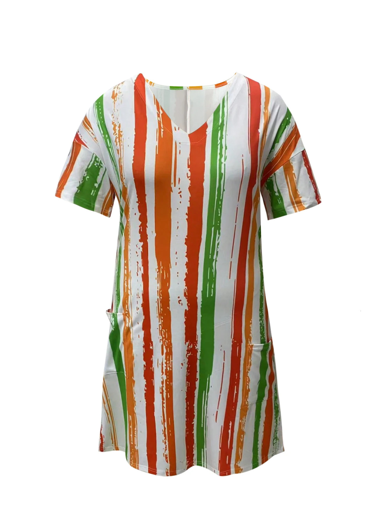 Large size fashionable and casual versatile colorful striped print dress with pockets 250509