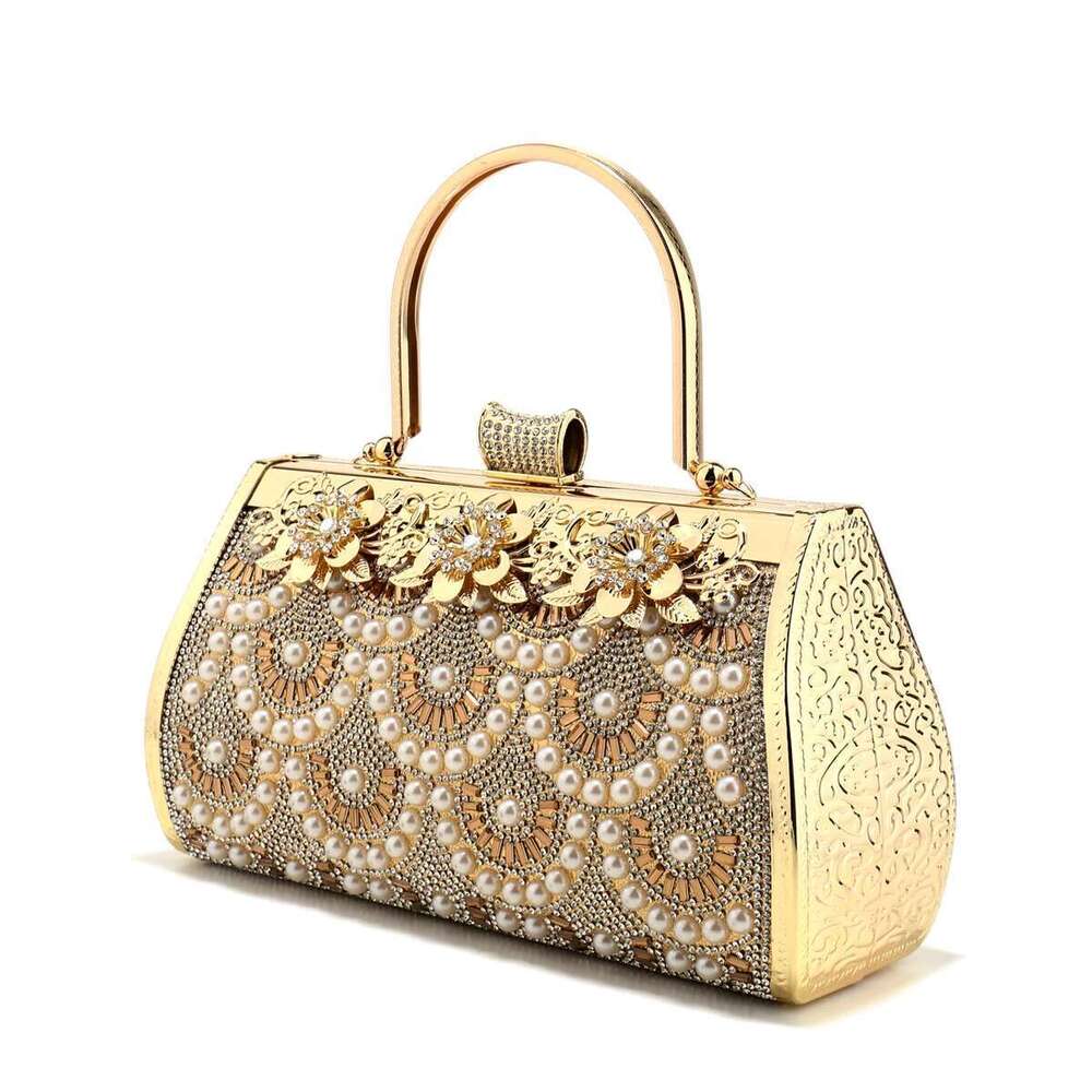 Bucket Design Clutch Golden Glitter Elegant Girl Evening Bags Rhinestones Pearl Bag With Handle Dias Handbags For Party